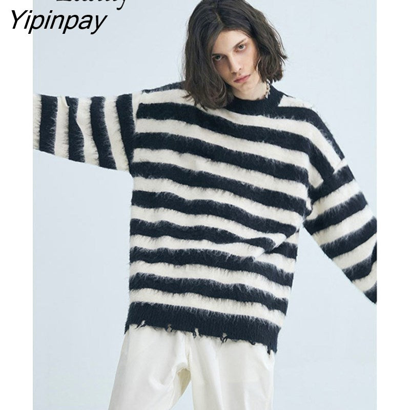 Yipinpay 2023 Winter Long Sleeve Y2K Oversize Mohair Sweater Women Streetwear Hollow Out Stripe Ladies Pullover Female Clothing