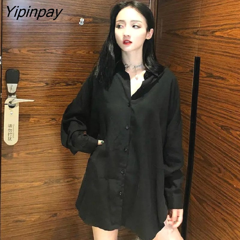 Yipinpay Spring New In Minimalist Full Sleeve Women White Basic Shirt Korea Style Button Up Pocket Oversize Woman Blouse Clothing