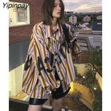 Yipinpay Street Style Oversize Letter Print Shirt Women Long Sleeve Striped Button Up Shirts Blouse 2023 Summer Loose Tops Clothes