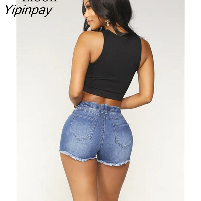 Yipinpay Cotton Elastic Waist Ripped Stretch Denim Shorts Women Summer Pockets High-Waist Distressed Sexy Hole Skinny Jean Shorts