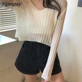 Yipinpay Spring Sexy Solid Color thin Women Sweater Long Sleeve Loose Transparent Short Womens Sweaters INS V Neck Female Pullovers