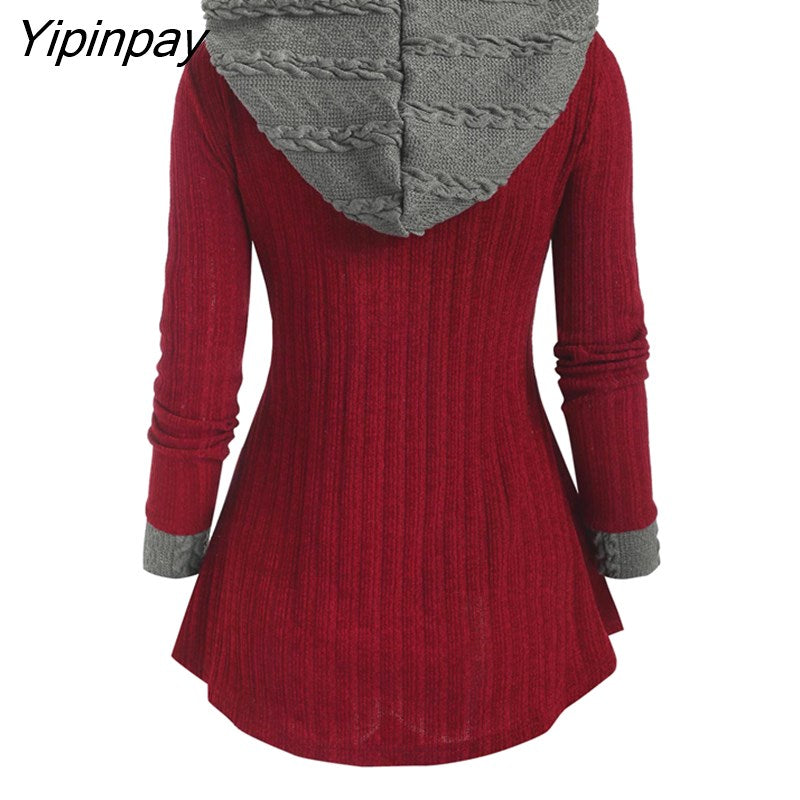 Yipinpay Autumn Sweater Women Colorblock Zip Embellished Hooded Sweater Oversized Warm Female Pullovers Casual Jumper Tops