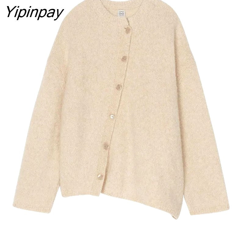 Yipinpay Winter Minimalist Style Irregular Button Up Women Sweater Chic Solid Knit Ladies Cardigan Coat Female Clothing Outwear