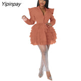 Yipinpay Women Notched Neck Puff Long Sleeve Mesh Cascading Ruffles Single Breasted Big Swing Blazer Dress Elegant Chic Vestidos