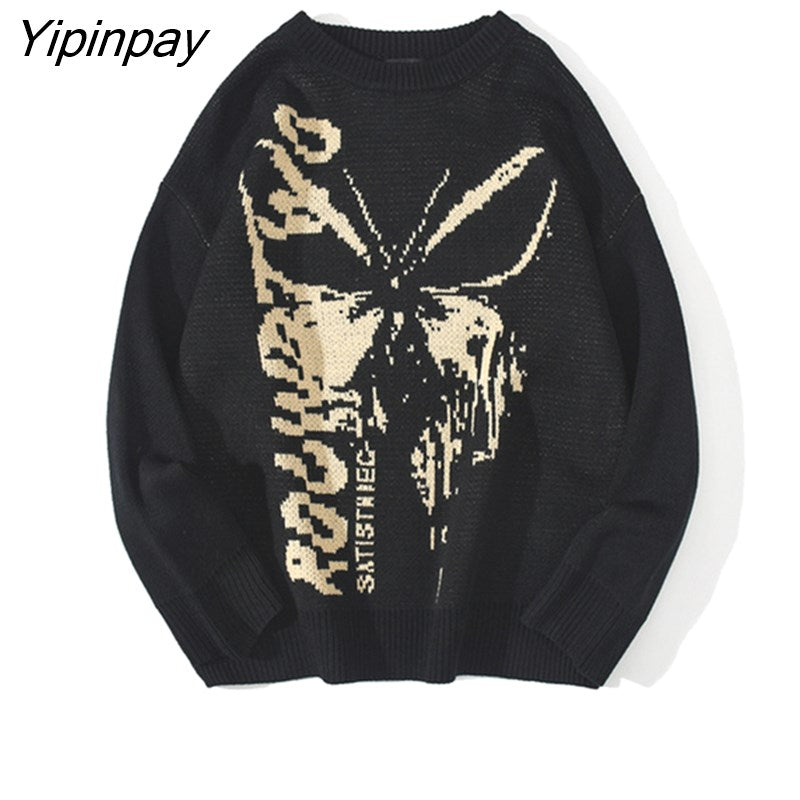 Yipinpay Mens Hip Hop Knitwear Women's Y2K Sweaters Harajuku Fashion Butterfly Male Loose 2023 Tops Casual Streetwear Pullover Sweaters