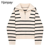 Yipinpay 2023 Winter Office Lady Long Sleeve Striped Knit Sweaters Women Korea Style Zipper Turn Down Collar Pullovers Female Tops