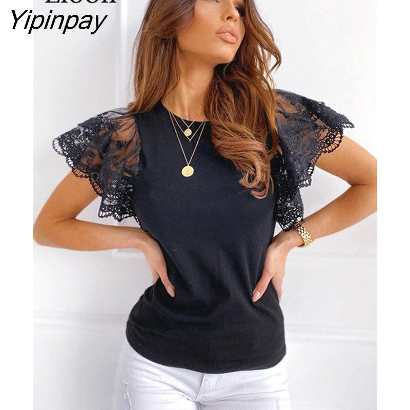 Yipinpay Patchwork Lace T Shirt Skinny Top For Women 2023 Summer Short Sleeve O Neck Black White Tees Streetwear Sexy Bodycon Tops