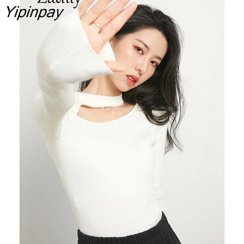 Yipinpay 2023 Winter New Bottoming Women Sweater Korea Style Slim Long Sleeve Hollow Out O Neck Strecth Ladies Knit Basic Pullover