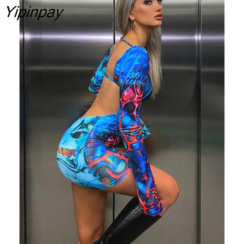 Yipinpay Women Sexy Cut Out Backless Mini Dress Ladies Vintage Print Full Sleeves Slim Dresses 2023 Summer Female Fashion Streetwear