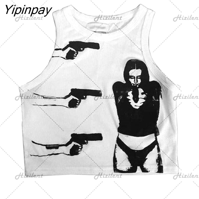Yipinpay Print Crop Top Women Sleeveless Slim Vest top Tee Streetwear Vintage Gothic Gunman clothes corset accessory shirt tops suit