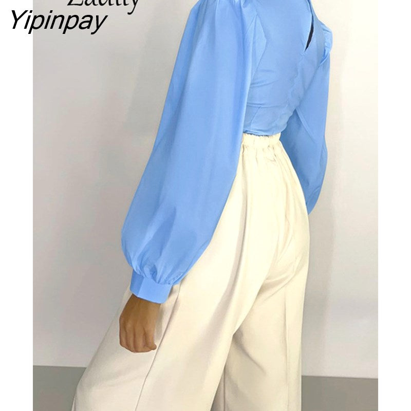 Yipinpay 2023 Spring New Office Lady Long Sleeve Women Whiter Shirt Patchwork Solid Hollow Out Woman Crop Tops Blouse Work Female