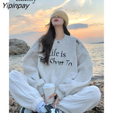 Yipinpay 2023 Winter Korean Style Oversieze Letter Print Thick Sweatshirt Women Minimalist Long Sleeve Hoodies Female Top Clothing