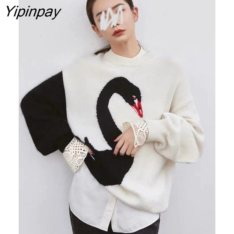 Yipinpay Winter Casual Black Swan Embroidery Women Loose Sweater Y2K Long Sleeve O Neck Patchowrk Knit Ladies Pullovers Fashion Tops