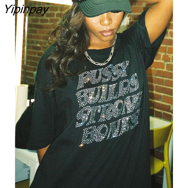 Yipinpay Vintage Oversize Rhinestone Letter Goth Graphic T Shirt Women Y2k Style O-neck Tshirt Black Streetwear Short Sleeve T-shirt
