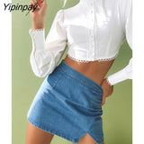 Yipinpay 2023 Spring Vintage Long Sleeve Women White Shirt Sexy Stand Neck Button Up Woman Crop Tops Blouse Party Female Clothing