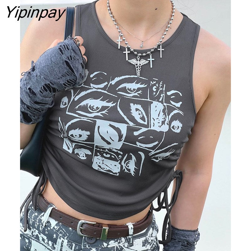 Yipinpay Eyes Print Tops Fairy Grunge Graphic Y2K Crop Tops Short Sleevle Vest Tees Harajuku Streetwear Suspenders Women Clothes