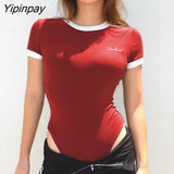 Yipinpay Sumemr Sexy Cotton Short Sleeve Bodysuit Women Letter Embroidery Contrast Color Ladies Rompers Y2K Fashion Female Jumpsuit