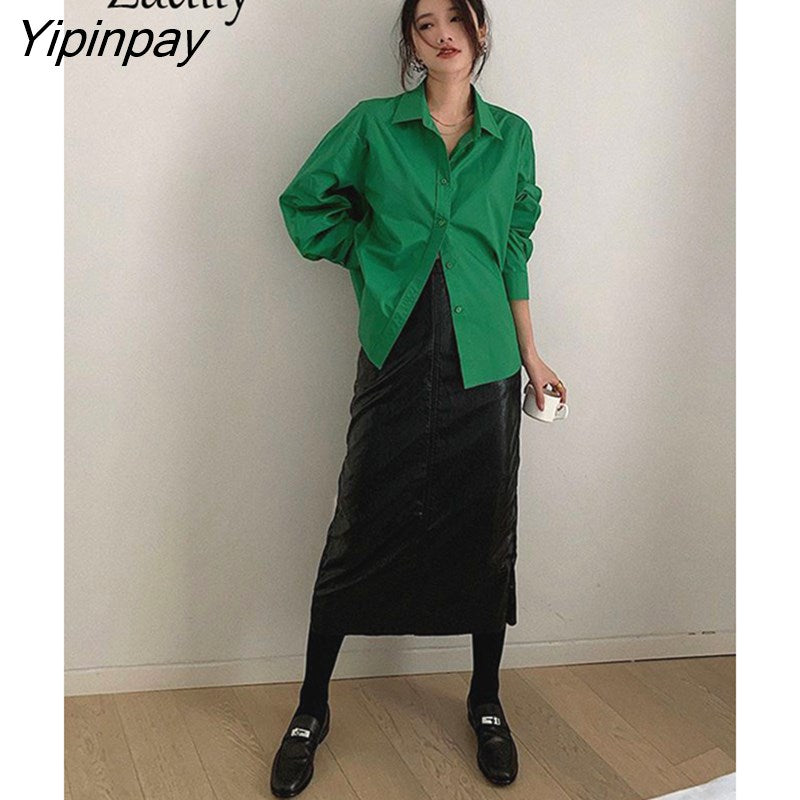 Yipinpay 2023 Autumn Office Lady Long Sleeve Green Shirt Women Korean Style Loose Button Up Tunic Blouse Work Female Clothing Tops