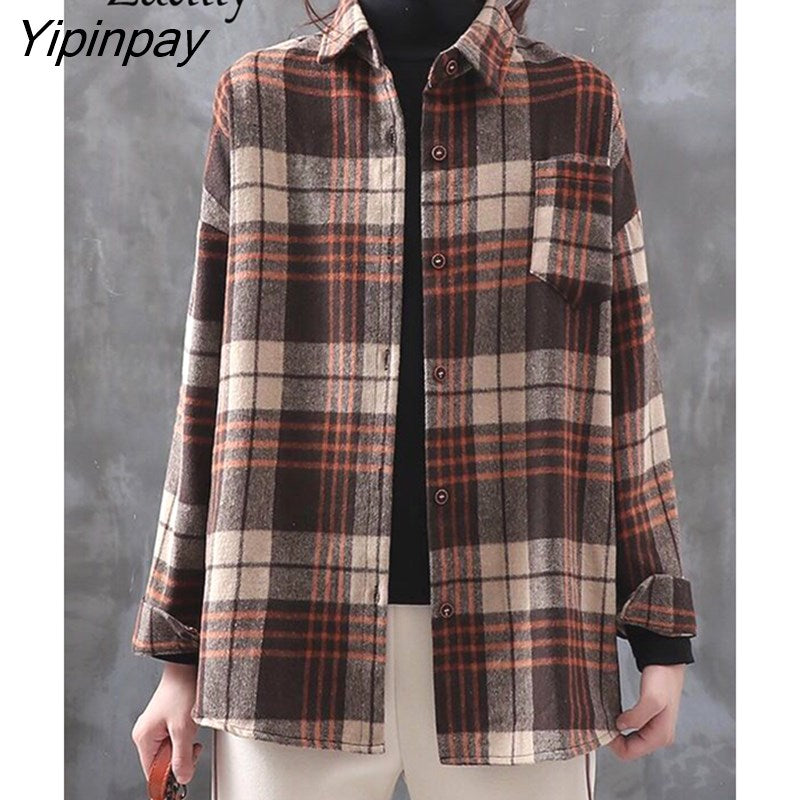 Yipinpay 2023 Winter Korean Style Long Sleeve Loose Plaid Shirt Women Causal Button Up Tunic Blouse Female Tops Clothing
