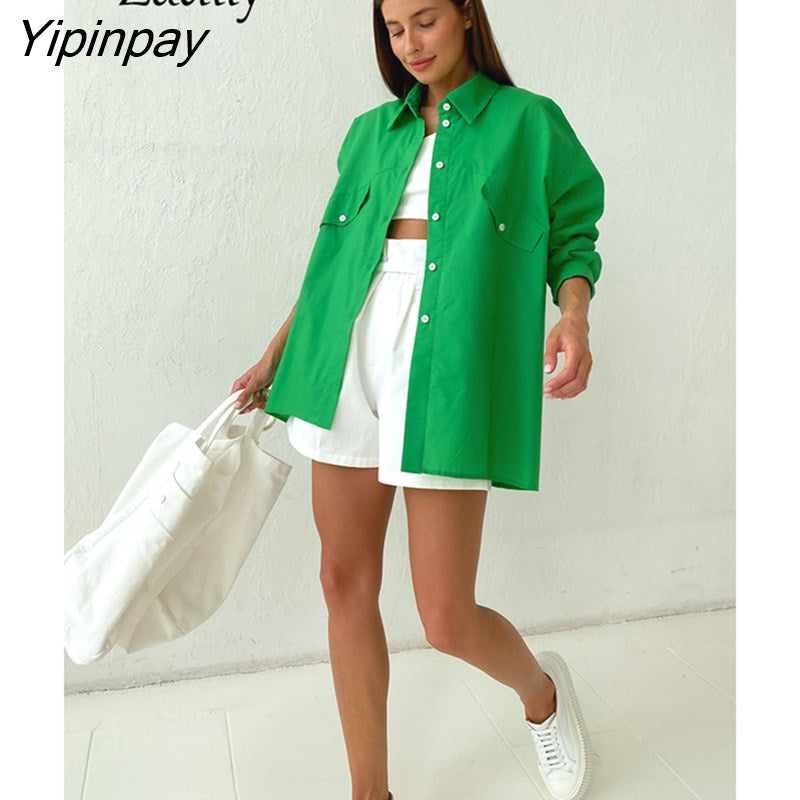 Yipinpay 2023 Spring Casual Long Sleeve Loose Women Cotton Shirt Korea Style Button Solid Woman Tunic Blouse Female Clothing Top