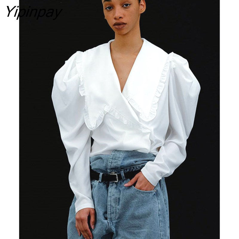 Yipinpay Sexy Puff Sleeve Shirt White Top Spring Autumn 2023 Turndown Collar Women Loose Blouses And Tops Streetwear Baggy Shirts