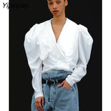 Yipinpay Sexy Puff Sleeve Shirt White Top Spring Autumn 2023 Turndown Collar Women Loose Blouses And Tops Streetwear Baggy Shirts