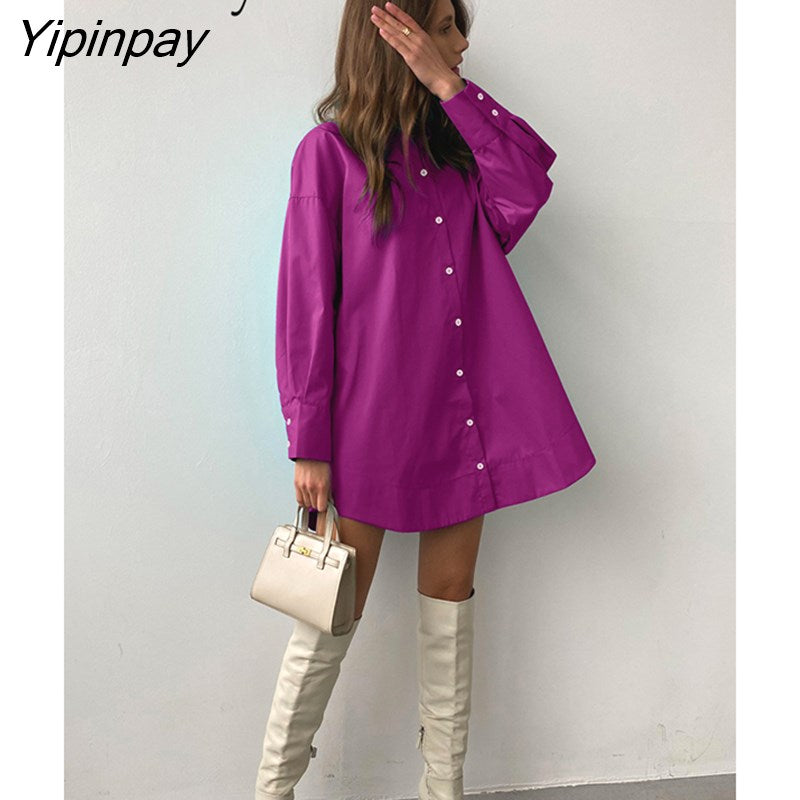 Yipinpay 2023 Spring Casual Full Sleeve Women Long Shirt Minimalist Button Up Overisze Woman Tunic Blouse Female Clothing Top