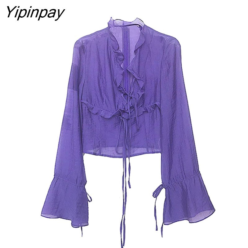 Yipinpay 2023 Spring Sexy Ruffled Flare Long Sleeve Women Blouse Korea Style Vintage Transparent Short Chiffon Shirt Ladies Tops