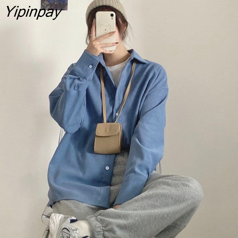 Yipinpay 2023 Autumn Korean style Long Sleeve Thick White Shirt Women Casual Button Up Solid Ladies Tunic Blouse Winter Clothing