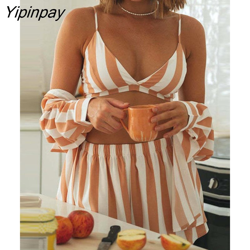 Yipinpay Women Striped Printed Shirts Two Piece Set 2023 Summer Casual Long Sleeve Tops And High Wasit Shorts Sets Female Blouses Outfits