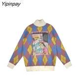 Yipinpay Harajuku Turtleneck Knit Female Pullover Argyle Oversize Warm Women's Sweater 2023 Winter Appliques Loose Thick Sweater