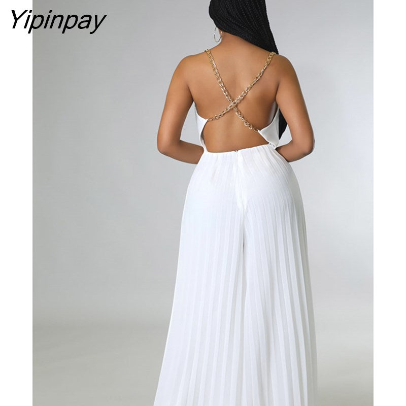 Yipinpay Women Elegant Halter Backless Jumpsuits Sexy Solid Sleeveless Wide Leg One Piece Pants Female Fashion Pleated Wrap Waist Romper