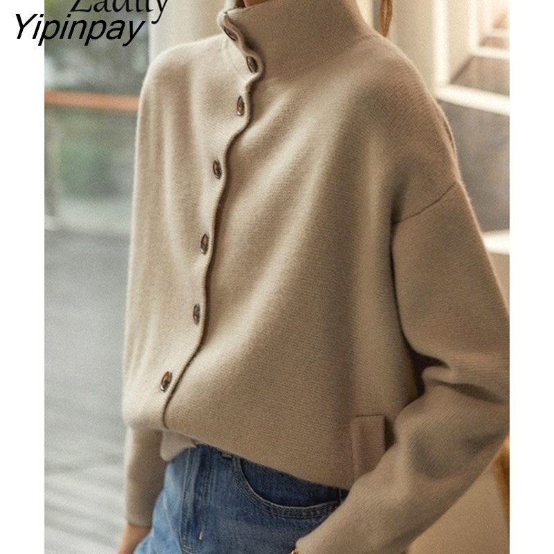 Yipinpay 2023 Winter Causal Button Up Sweater Women Long Sleeve Korean Style Turtleneck Knit Ladies Cardigan Female Clothing Coat