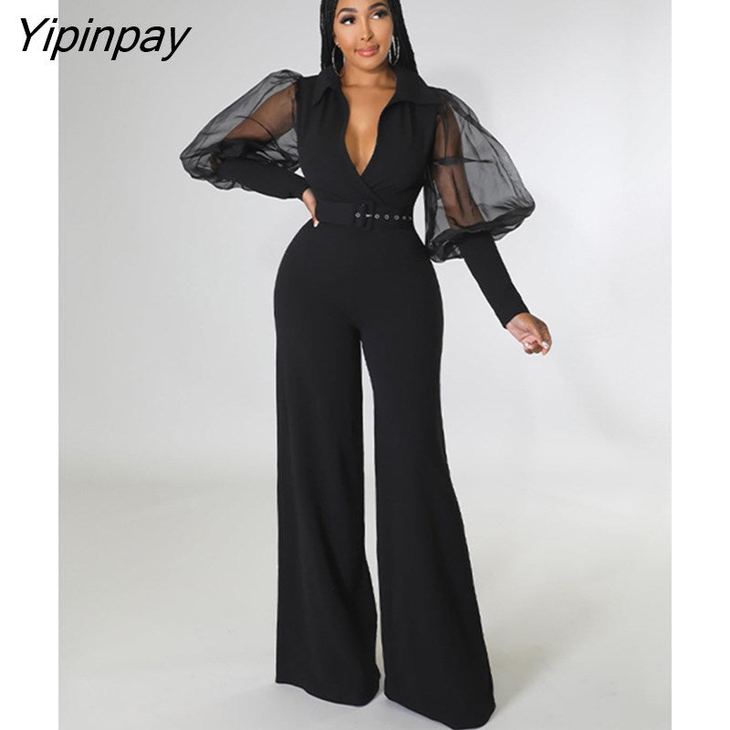 Yipinpay Solid V Neck Mesh Belt One Piece Wide Leg Pants Woman Long Sleeve Elegant Jumpsuit Playsuit Overalls Fall One Piece Outfit