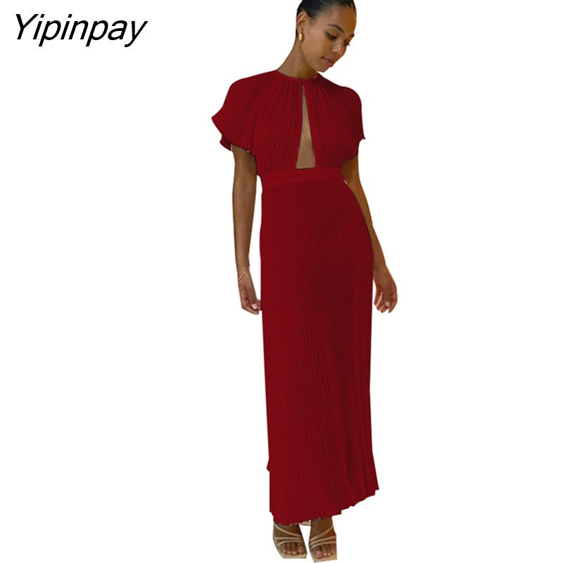 Yipinpay Hollow Out Pleated Dress For Women Fashion Flare Sleeve Backless A Line Dresses Spring O Neck Office Lady Solid Robe