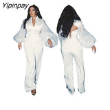 Yipinpay Women's Elegant Gauze Lantern Sleeve Bandage Tops Pants Two Piece Set 2023 Lady Fashion Backless Blouse Wide Leg Trousers Suits