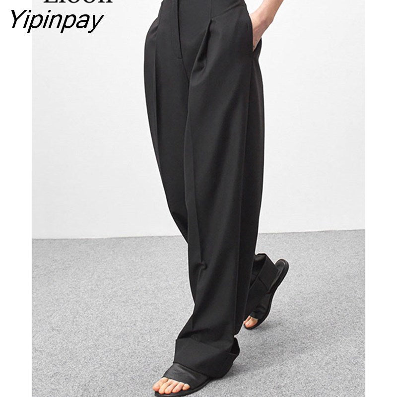 Yipinpay Women Baggy Suit Pants Wide Leg High Waist New Spring 2023 Summer Black Slacks With Pockets Streetwear Casual Trousers