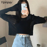 Yipinpay Spring Sexy Solid Color thin Women Sweater Long Sleeve Loose Transparent Short Womens Sweaters INS V Neck Female Pullovers