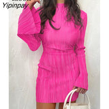 Yipinpay Flare Sleeve Short Pleated Dresses For Women Robes New 2023 Spring Streetwear Rose Red Vestidos Sexy Bodycon Mini Dress