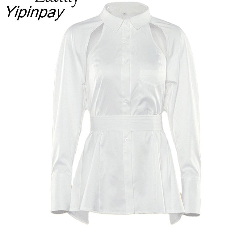 Yipinpay 2023 Spring Streetwear Hollow Out Women White Shirt Korae Style Long Sleeve Button Up Woman Blouse Female Clothing Tops