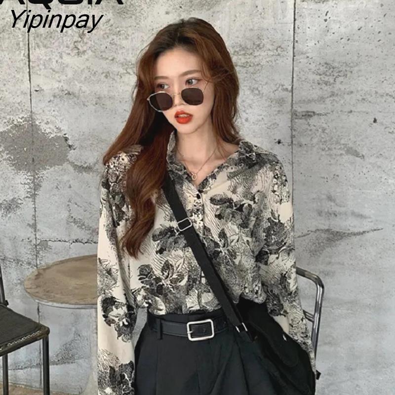 Yipinpay Spring Street Style Long Sleeve Loose Women Blouse Chic Oversize Button Floral Print Ladies Shirt Hip Hop Female Clothing