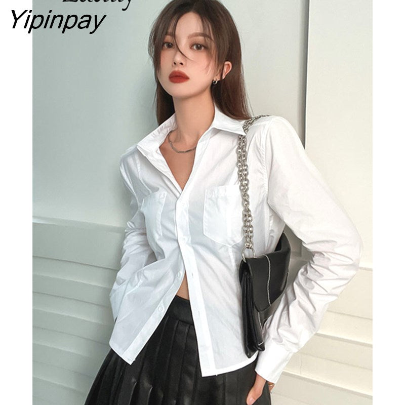 Yipinpay Spring Casual Long Sleeve Slim Women White Shirt Korea Style Pockets Button Up Short Blouse 2023 New In Female Clothing