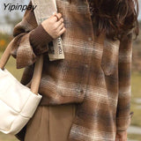 Yipinpay 2023 Winter Vintage Long Sleeve Plaid Women Shirt Korean Style Loose Turn Down Collar Button Up Ladies Tunic Blouse Tops