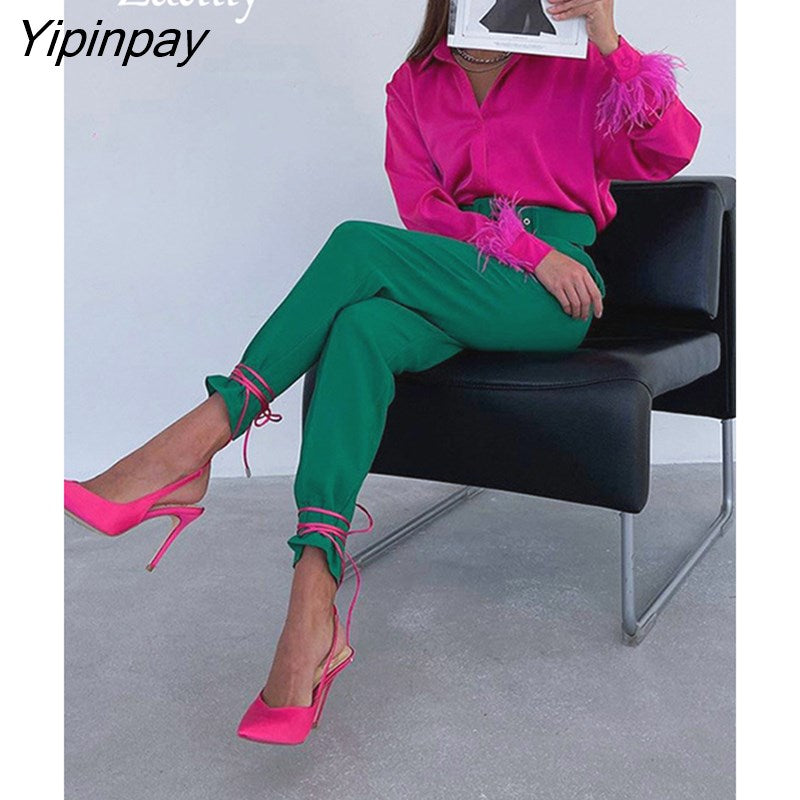 Yipinpay 2023 Spring Women New In Elegant Long Sleeve Spliced Feathers Solid Ladies Top Silk Satin Blouse Shirt For Woman Clothing