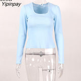 Yipinpay Sexy Short T Shirt Knit Tight Tops For Women Spring 2023 Long Sleeve O Neck Streetwear Bodycon T Shirts Knitted Crop Tops