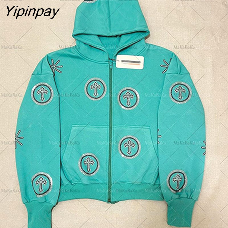 Yipinpay Women Y2k Cross Zip Hoodie Rhinestone goth Sweatshirt Sport Coat Gothic Long Sleeve Oversized hoodie jacket Men's hoodies
