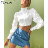 Yipinpay 2023 Spring Vintage Long Sleeve Women White Shirt Sexy Stand Neck Button Up Woman Crop Tops Blouse Party Female Clothing