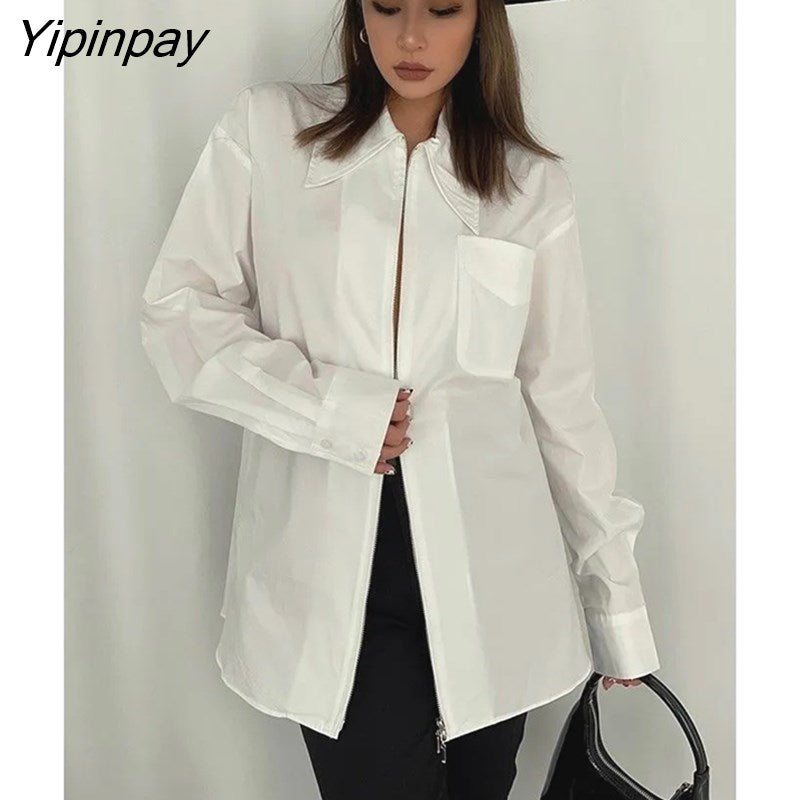 Yipinpay 2023 Spring Long Sleeve Minimalist Women's White Shirt Streetwear Zipper Up Pocket Women Tunic Blouse Causal Top Clothing