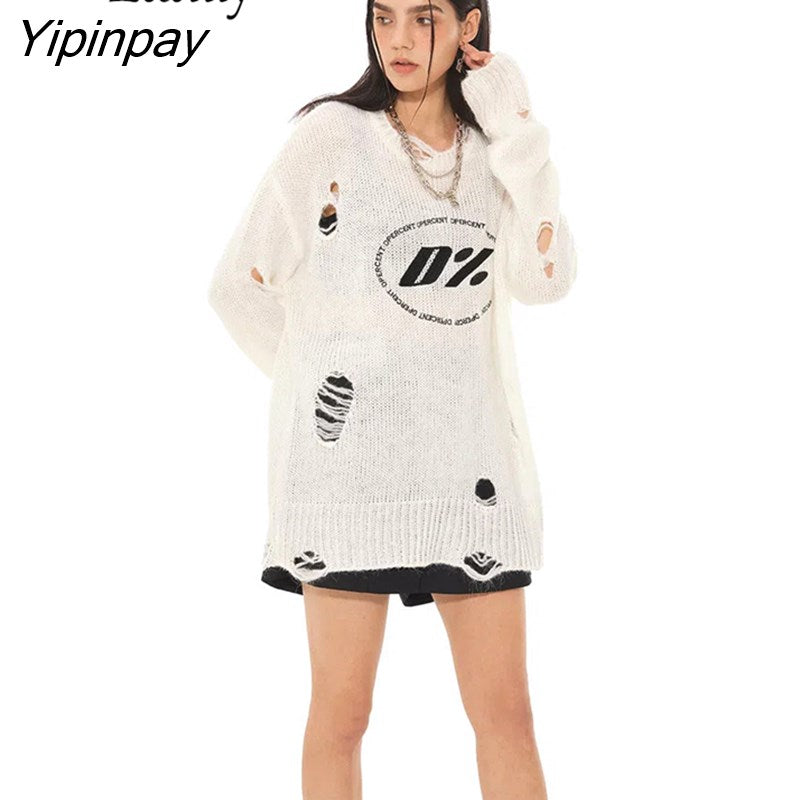 Yipinpay 2023 Winter Streetwear Long Sleeve Frayed Women White Sweater Loose O Neck Print Ladies Pullovers Female Clothing Tops