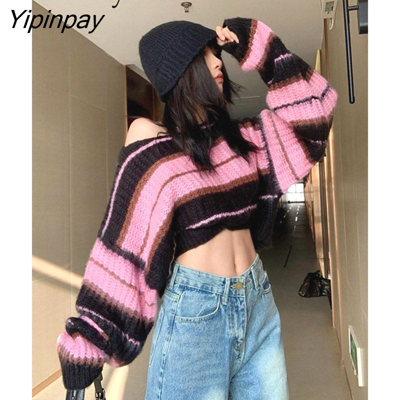 Yipinpay 2023 Winter Y2K Striped Long Sleeve Sweater Women Sexy Loose O Neck Knit Ladies Crop Top Pullover Autumn Female Clothing